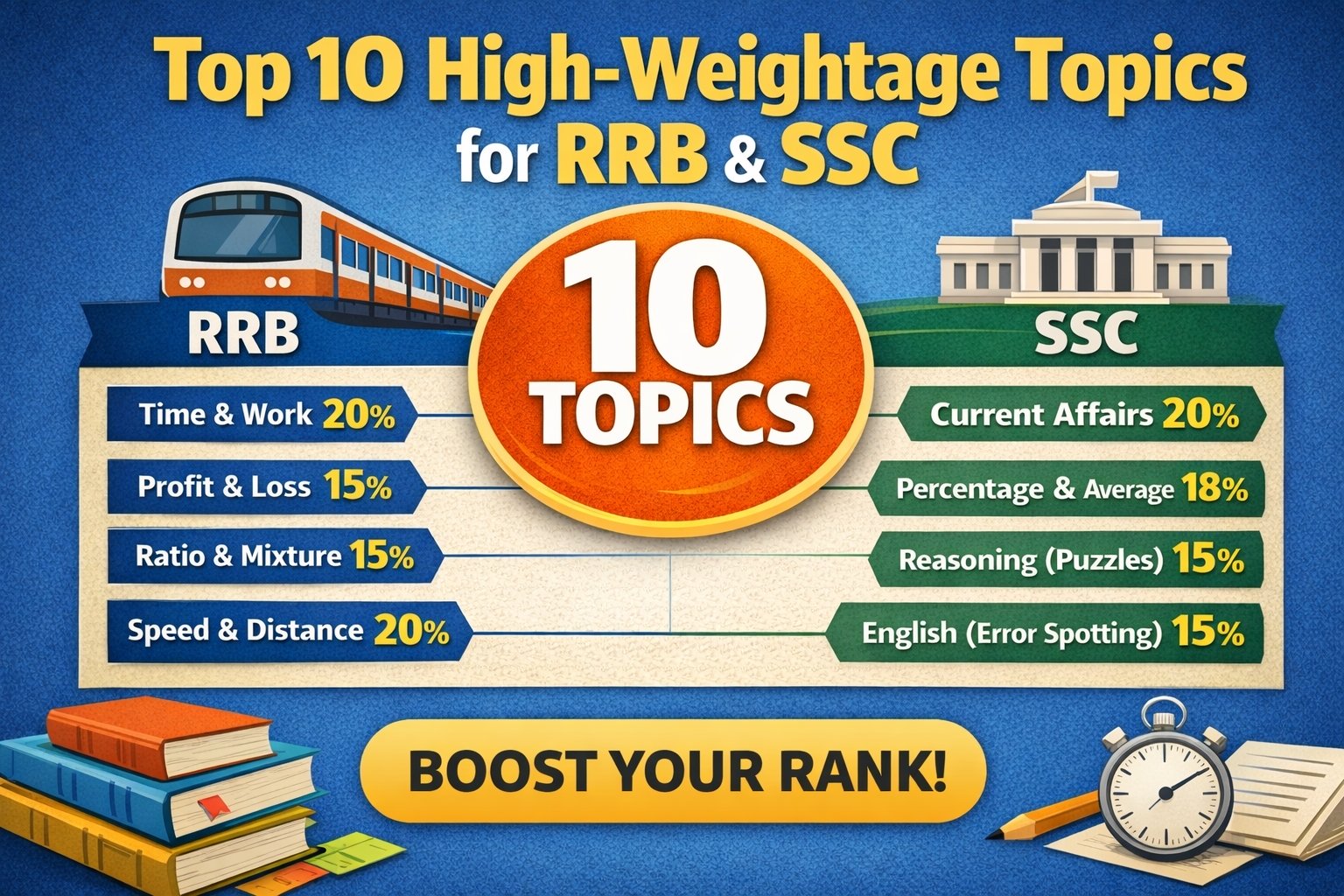 Top 10 high weightage topics for RRB and SSC exams infographic with priority comparison table